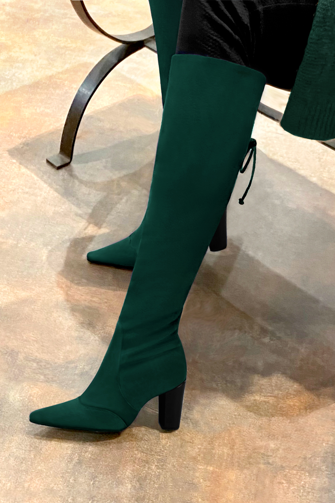 Forest green women's knee-high boots, with laces at the back. Tapered toe. Very high block heels. Made to measure. Worn view - Florence KOOIJMAN